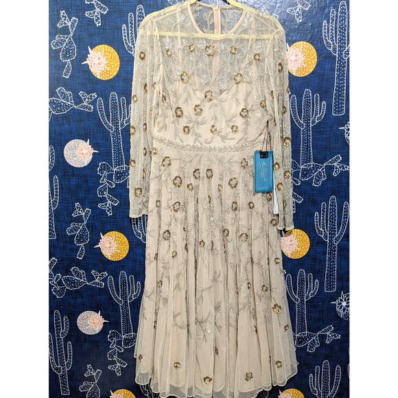 NWT Mac Duggal Floral Beadwork Long Sleeve Midi Dress Nude Women's Size 10 10799 - Picture 4 of 9
